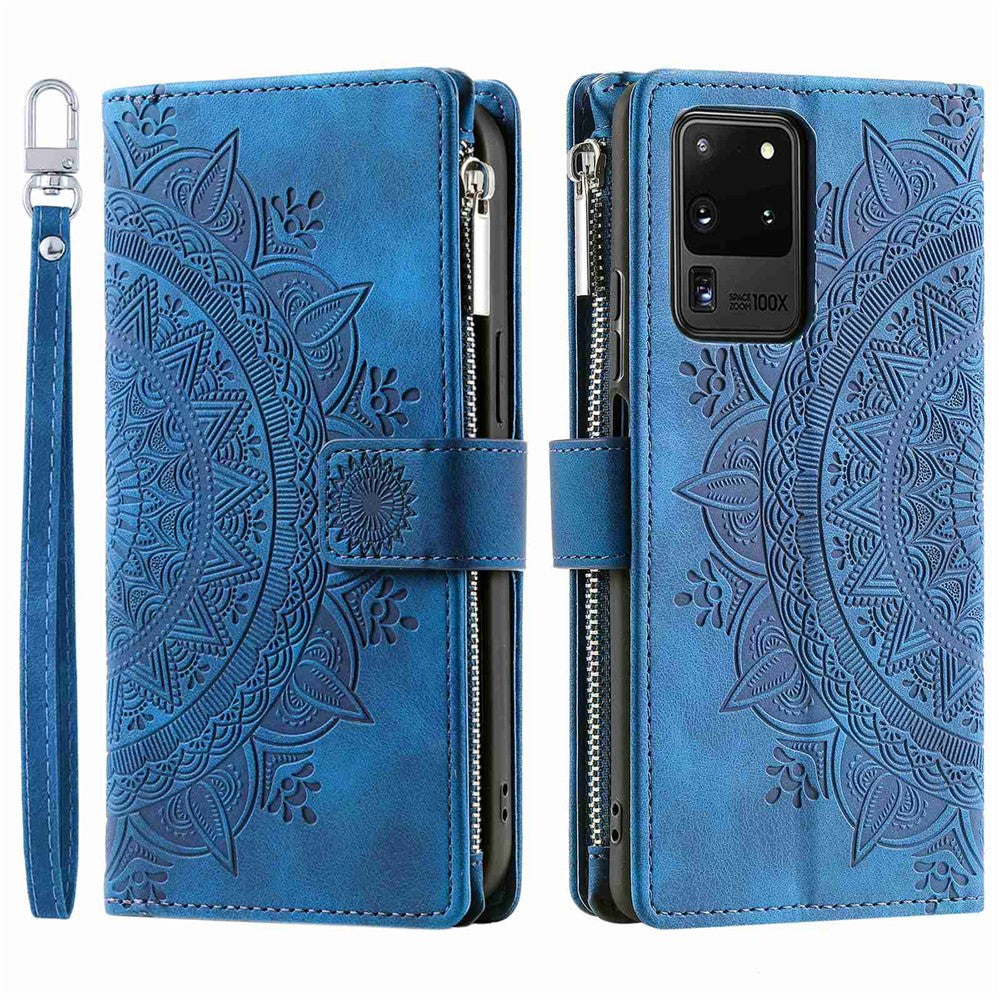 Samsung Galaxy S20 Ultra Mandala Blomma Präglat Blixtlåsficka Mobilskal PU Läder Stativskydd Flera Kortfackar Plånbok