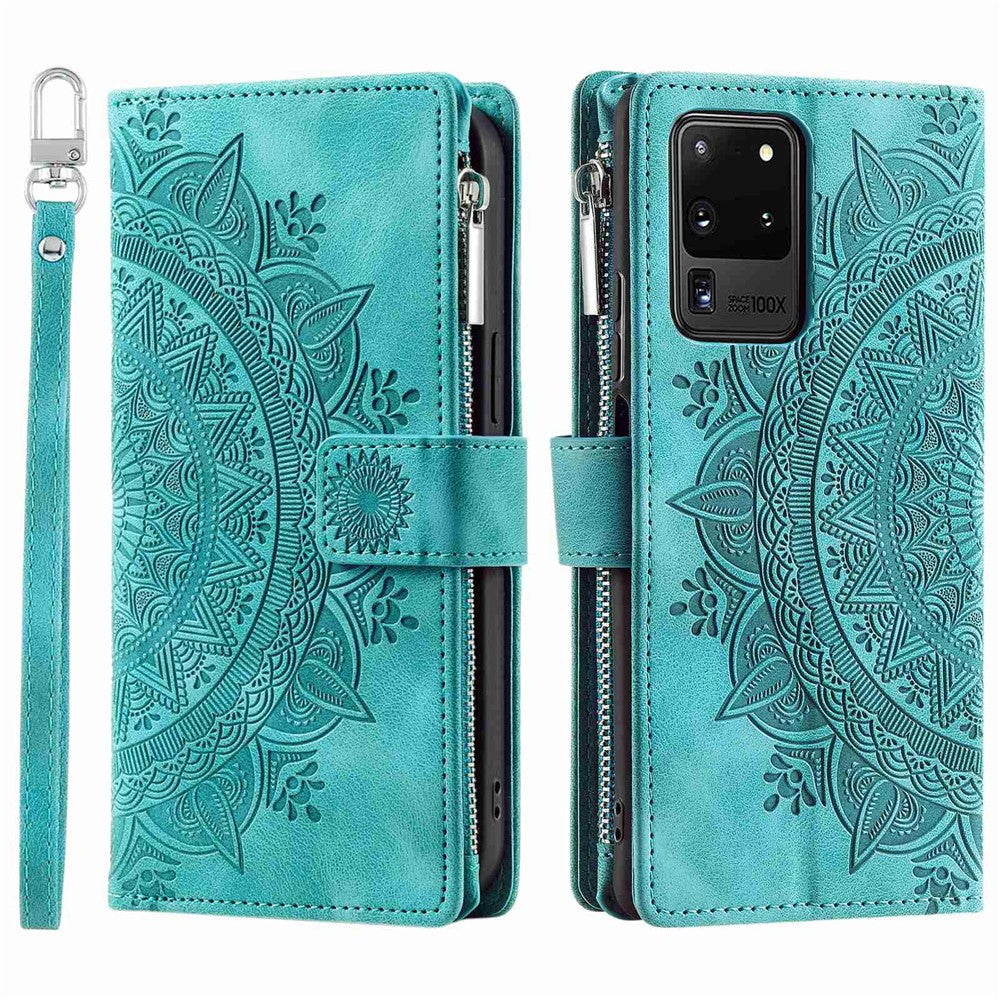 Samsung Galaxy S20 Ultra Mandala Blomma Präglat Blixtlåsficka Mobilskal PU Läder Stativskydd Flera Kortfackar Plånbok