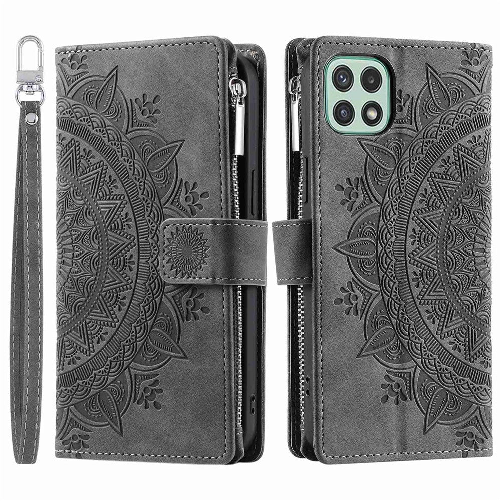 For Samsung Galaxy A22 5G (EU Version) Drop-proof Phone Case Zipper Pocket Wallet Mandala Flower Imprinted PU Leather Stand Cover Multiple Card Slots
