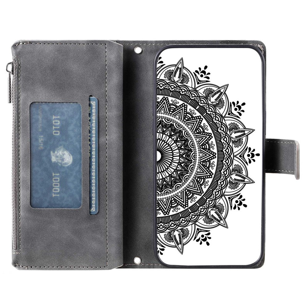 For Samsung Galaxy A22 5G (EU Version) Drop-proof Phone Case Zipper Pocket Wallet Mandala Flower Imprinted PU Leather Stand Cover Multiple Card Slots
