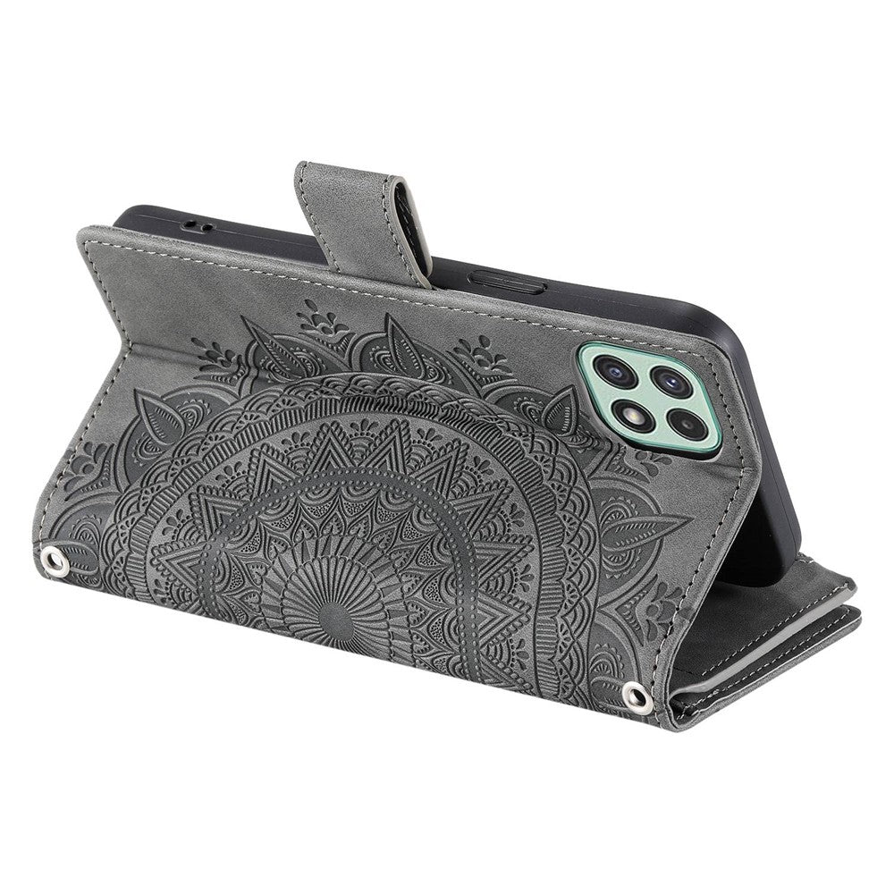 For Samsung Galaxy A22 5G (EU Version) Drop-proof Phone Case Zipper Pocket Wallet Mandala Flower Imprinted PU Leather Stand Cover Multiple Card Slots