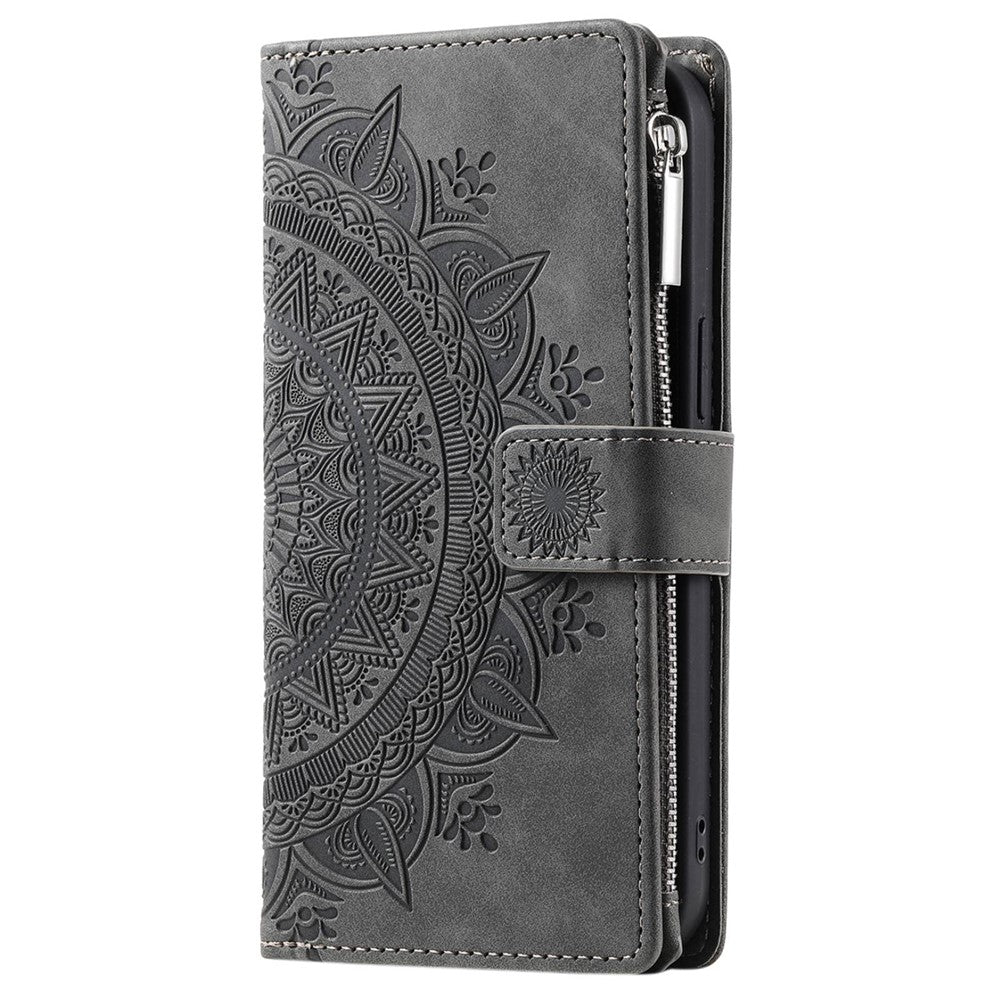 For Samsung Galaxy A22 5G (EU Version) Drop-proof Phone Case Zipper Pocket Wallet Mandala Flower Imprinted PU Leather Stand Cover Multiple Card Slots
