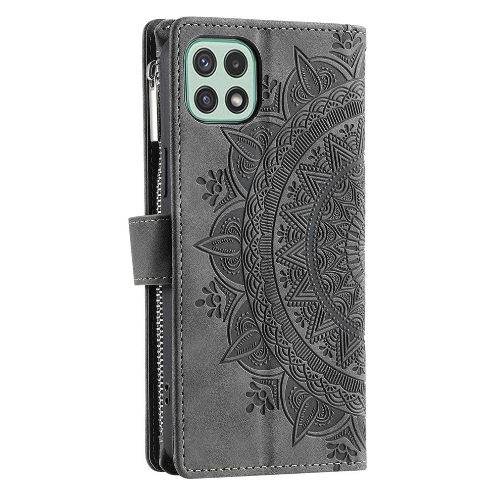For Samsung Galaxy A22 5G (EU Version) Drop-proof Phone Case Zipper Pocket Wallet Mandala Flower Imprinted PU Leather Stand Cover Multiple Card Slots