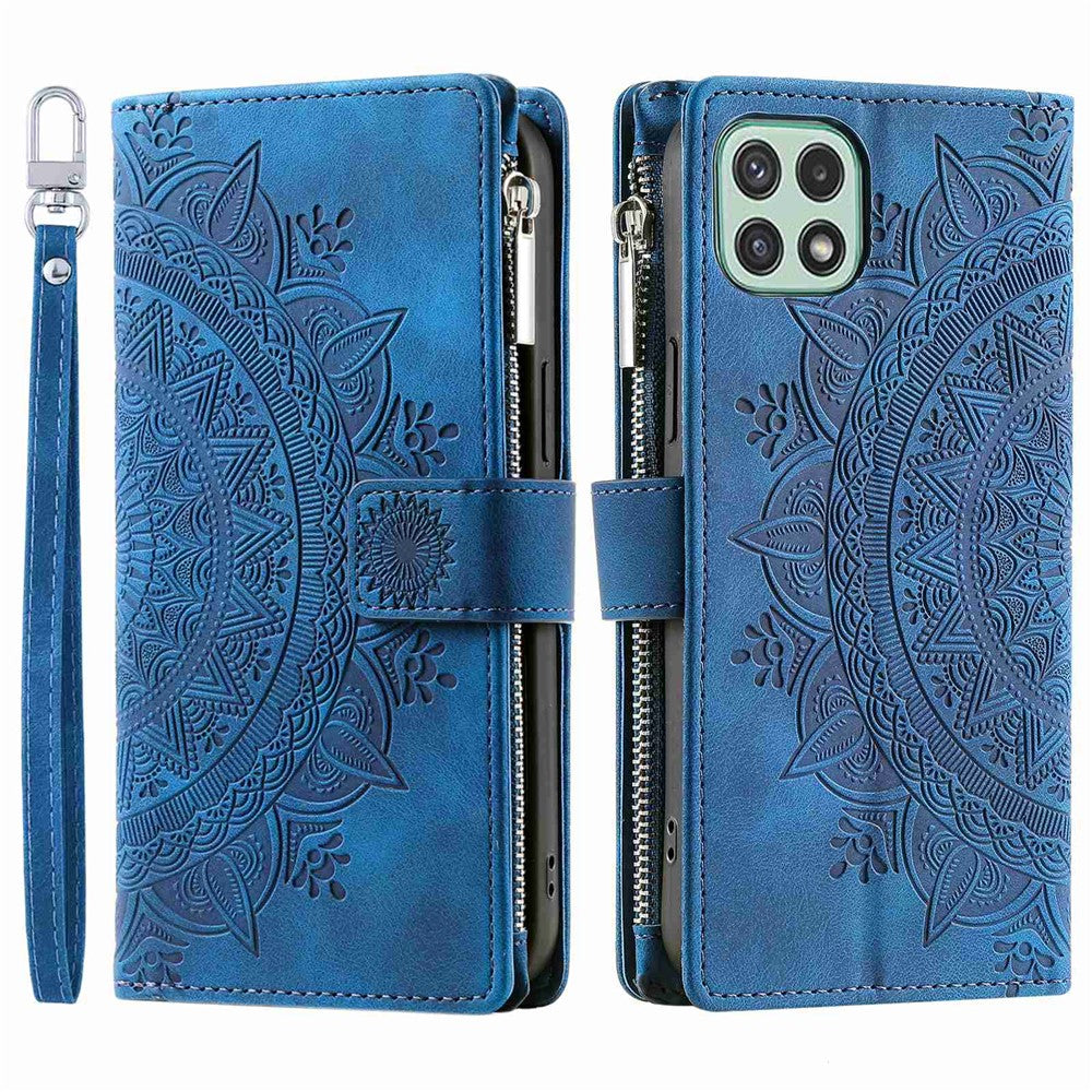 For Samsung Galaxy A22 5G (EU Version) Drop-proof Phone Case Zipper Pocket Wallet Mandala Flower Imprinted PU Leather Stand Cover Multiple Card Slots