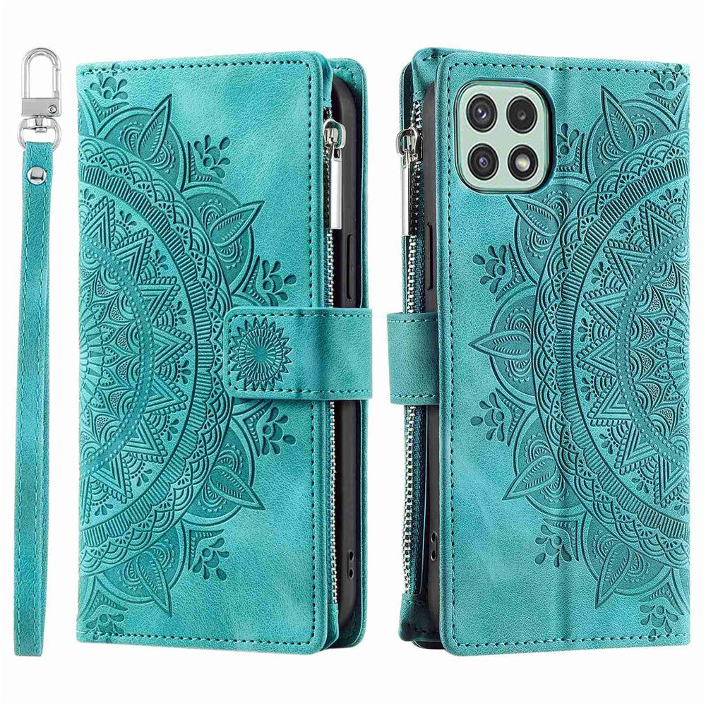 For Samsung Galaxy A22 5G (EU Version) Drop-proof Phone Case Zipper Pocket Wallet Mandala Flower Imprinted PU Leather Stand Cover Multiple Card Slots