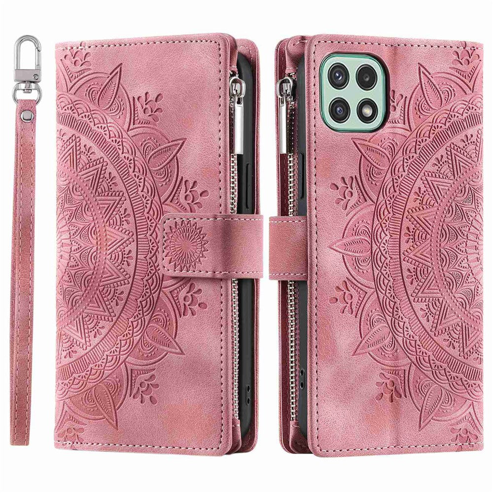 For Samsung Galaxy A22 5G (EU Version) Drop-proof Phone Case Zipper Pocket Wallet Mandala Flower Imprinted PU Leather Stand Cover Multiple Card Slots