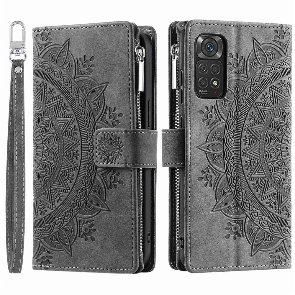 For Xiaomi Redmi Note 11 4G (Qualcomm) / Redmi Note 11S 4G PU Leather Stand Cover Multiple Card Slots Wallet Zipper Pocket Mandala Flower Imprinted Phone Case