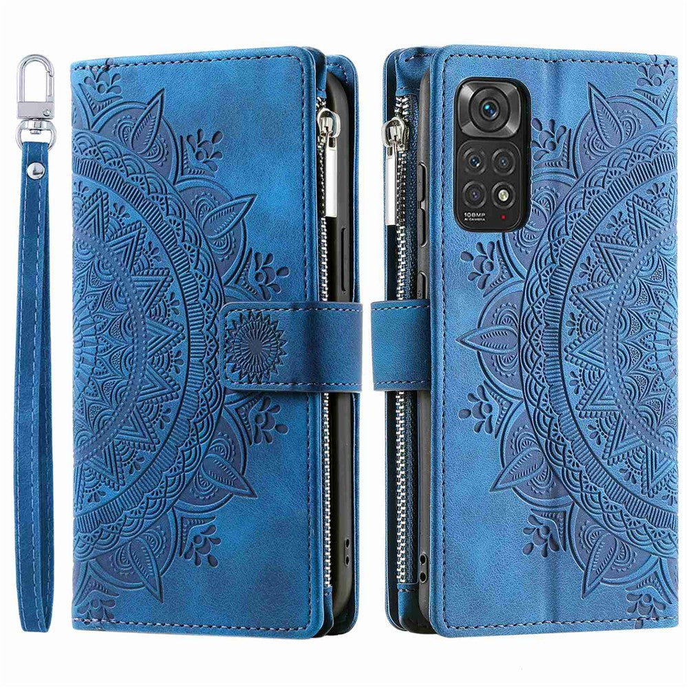 For Xiaomi Redmi Note 11 4G (Qualcomm) / Redmi Note 11S 4G PU Leather Stand Cover Multiple Card Slots Wallet Zipper Pocket Mandala Flower Imprinted Phone Case