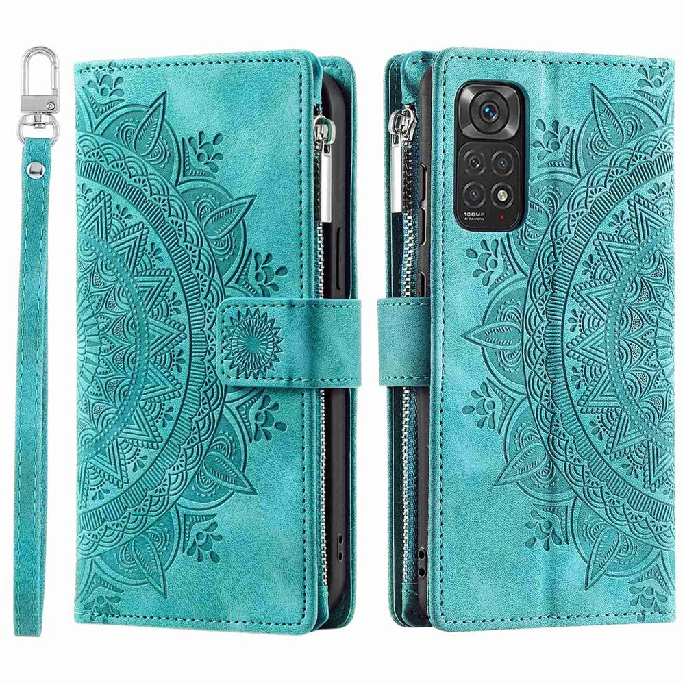 For Xiaomi Redmi Note 11 4G (Qualcomm) / Redmi Note 11S 4G PU Leather Stand Cover Multiple Card Slots Wallet Zipper Pocket Mandala Flower Imprinted Phone Case