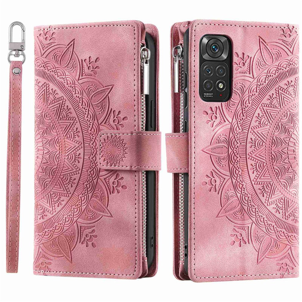 For Xiaomi Redmi Note 11 4G (Qualcomm) / Redmi Note 11S 4G PU Leather Stand Cover Multiple Card Slots Wallet Zipper Pocket Mandala Flower Imprinted Phone Case