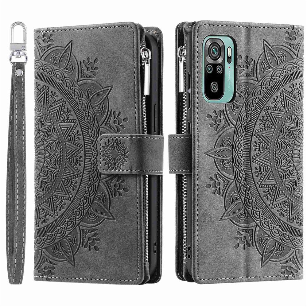 Xiaomi Redmi Note 10 4G / Note 10S 4G / Poco M5s 4G Reptåligt mobilskal Mandala Blomma Präglat PU-läder Stativ Dragkedja Fack Fodral Flera Kortfackar Plånbok