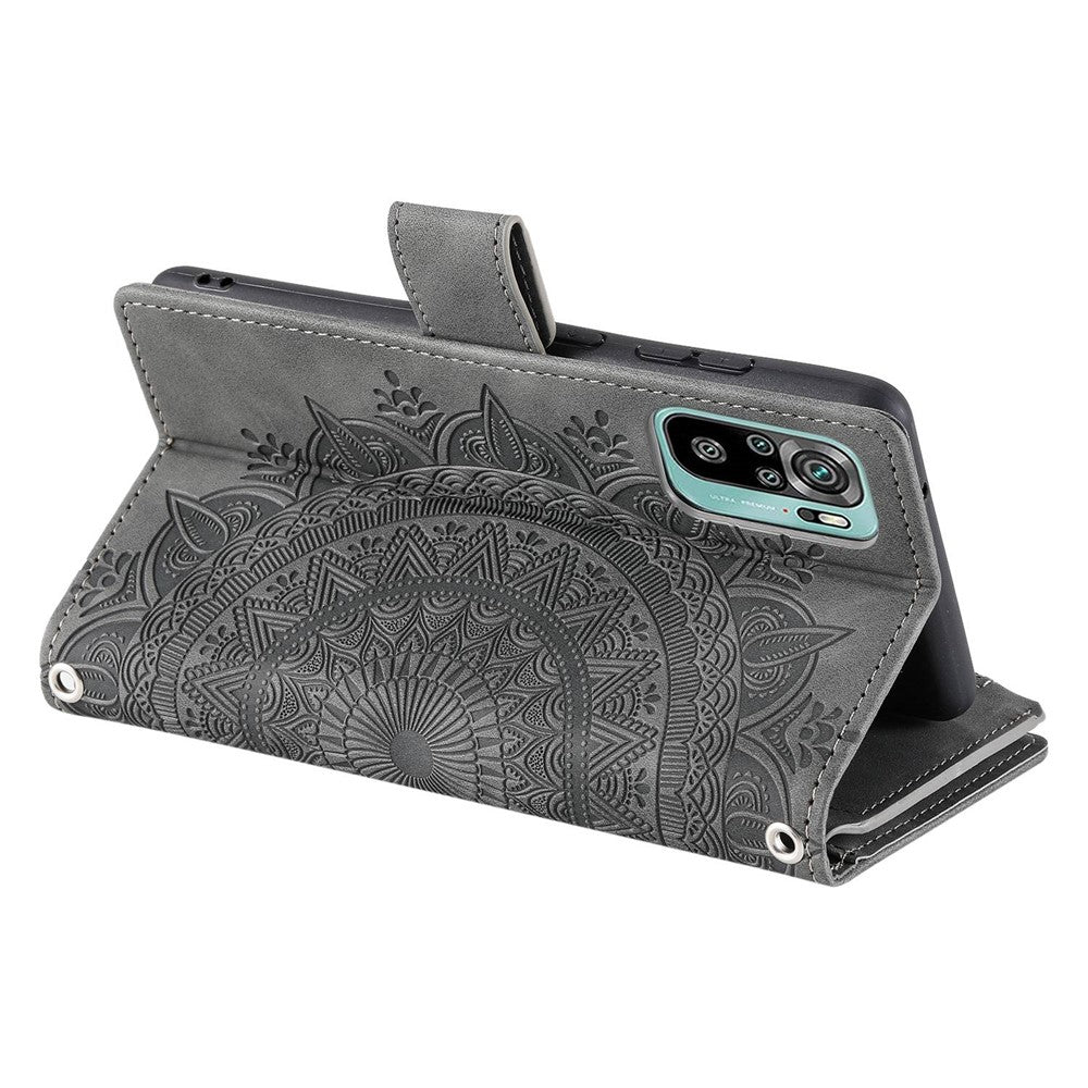 Xiaomi Redmi Note 10 4G / Note 10S 4G / Poco M5s 4G Reptåligt mobilskal Mandala Blomma Präglat PU-läder Stativ Dragkedja Fack Fodral Flera Kortfackar Plånbok