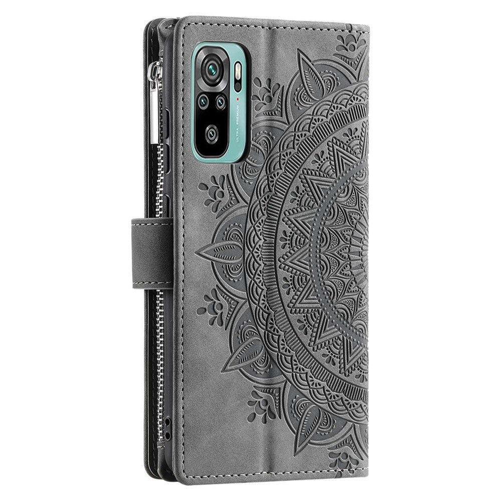 Xiaomi Redmi Note 10 4G / Note 10S 4G / Poco M5s 4G Reptåligt mobilskal Mandala Blomma Präglat PU-läder Stativ Dragkedja Fack Fodral Flera Kortfackar Plånbok
