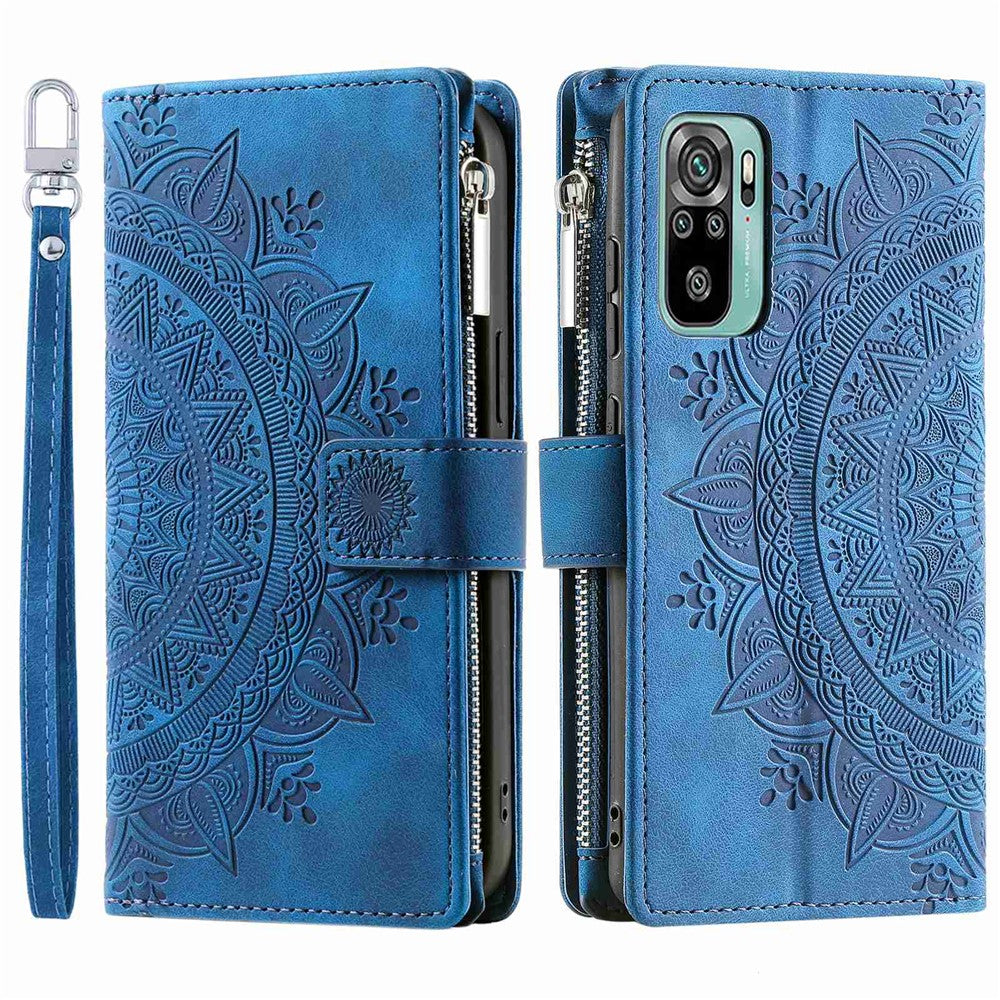 Xiaomi Redmi Note 10 4G / Note 10S 4G / Poco M5s 4G Reptåligt mobilskal Mandala Blomma Präglat PU-läder Stativ Dragkedja Fack Fodral Flera Kortfackar Plånbok
