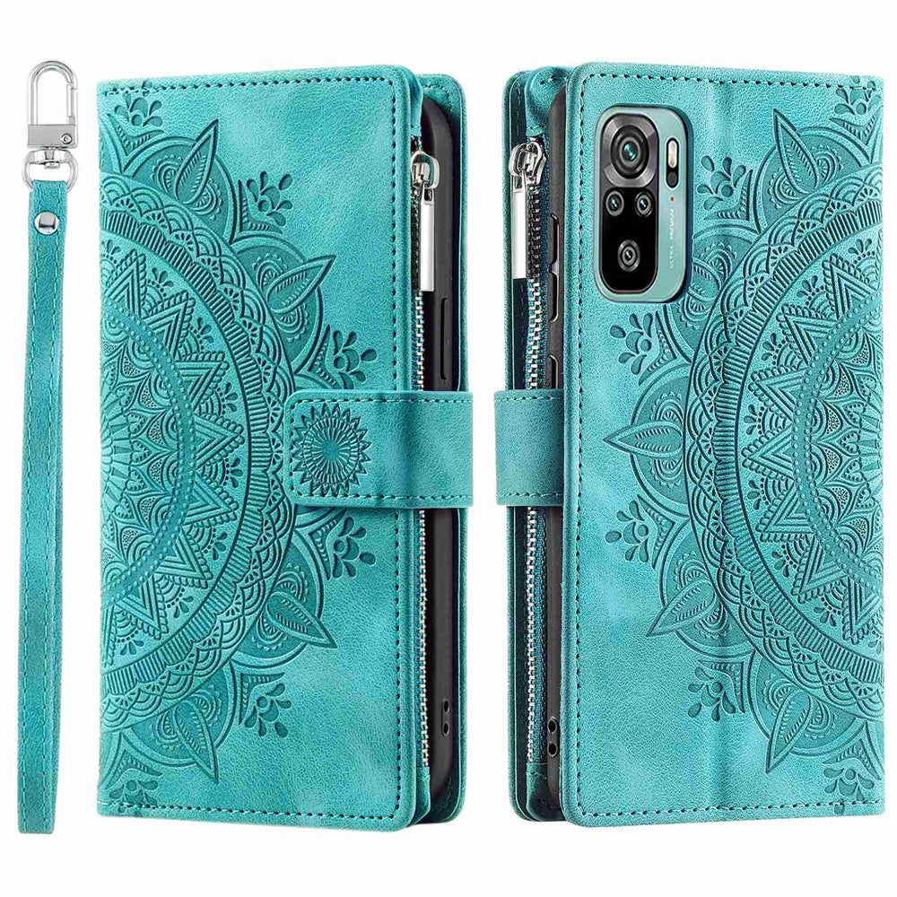 Xiaomi Redmi Note 10 4G / Note 10S 4G / Poco M5s 4G Reptåligt mobilskal Mandala Blomma Präglat PU-läder Stativ Dragkedja Fack Fodral Flera Kortfackar Plånbok