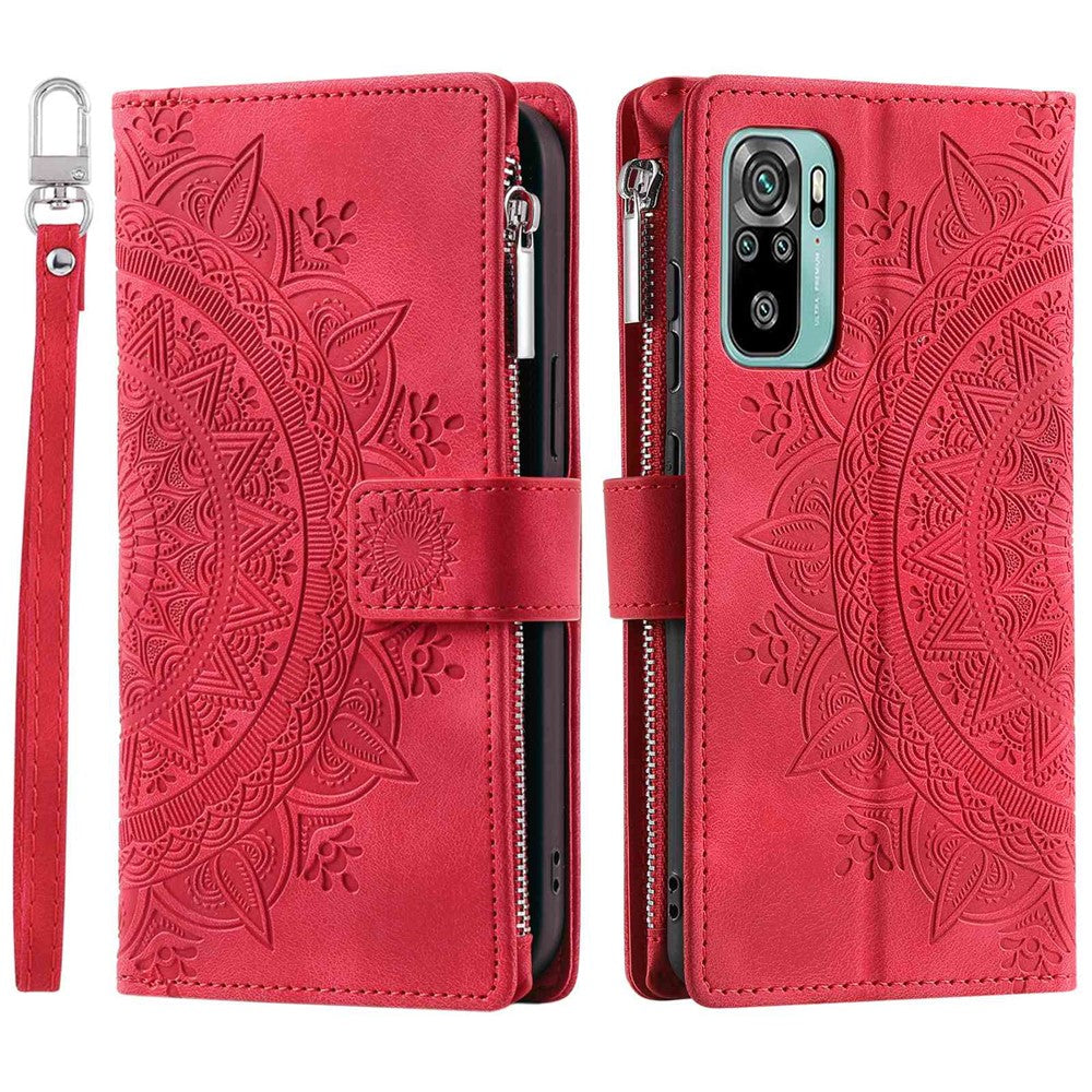 Xiaomi Redmi Note 10 4G / Note 10S 4G / Poco M5s 4G Reptåligt mobilskal Mandala Blomma Präglat PU-läder Stativ Dragkedja Fack Fodral Flera Kortfackar Plånbok