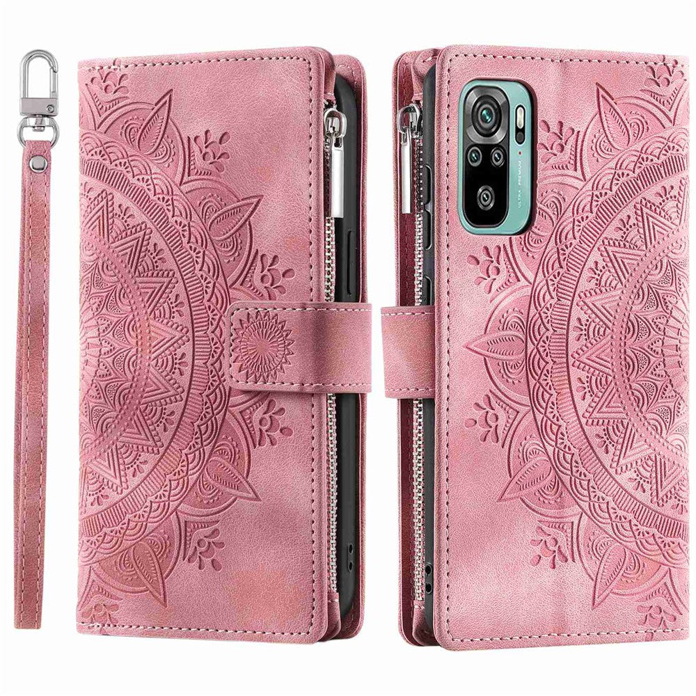 Xiaomi Redmi Note 10 4G / Note 10S 4G / Poco M5s 4G Reptåligt mobilskal Mandala Blomma Präglat PU-läder Stativ Dragkedja Fack Fodral Flera Kortfackar Plånbok