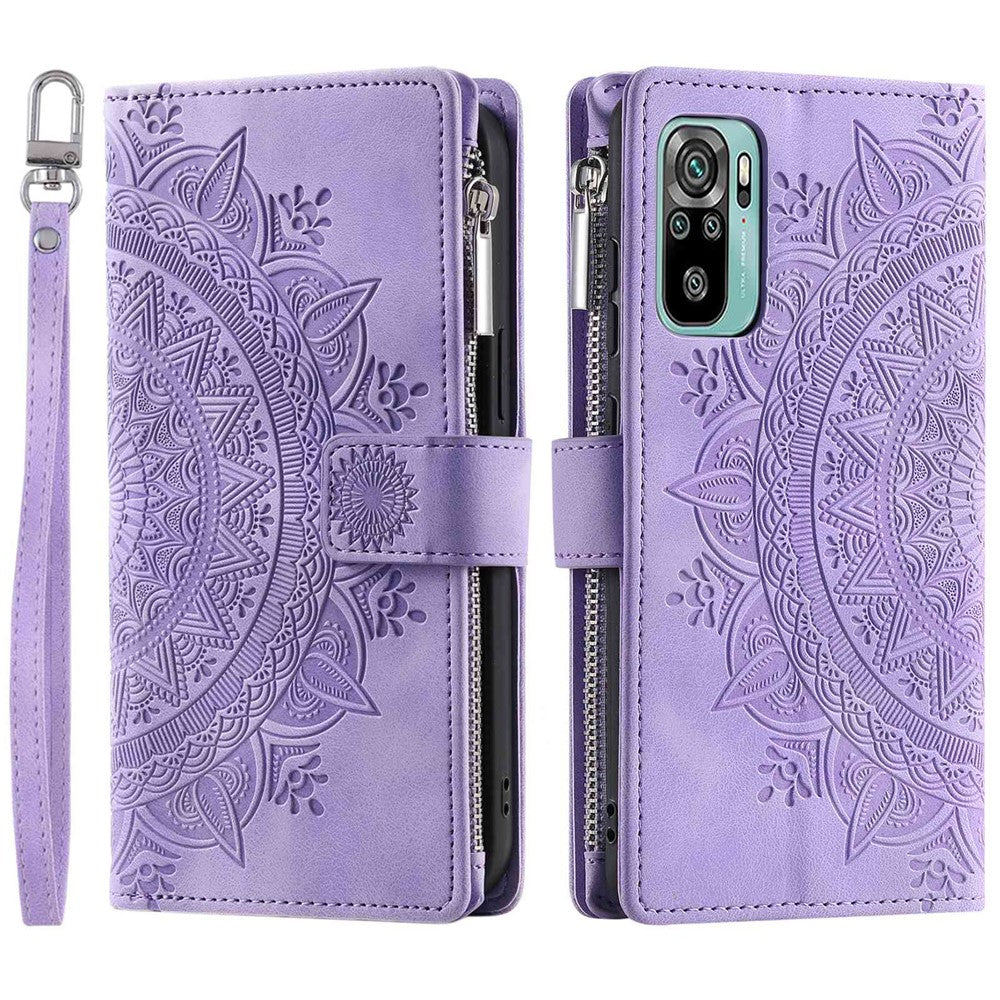 Xiaomi Redmi Note 10 4G / Note 10S 4G / Poco M5s 4G Reptåligt mobilskal Mandala Blomma Präglat PU-läder Stativ Dragkedja Fack Fodral Flera Kortfackar Plånbok