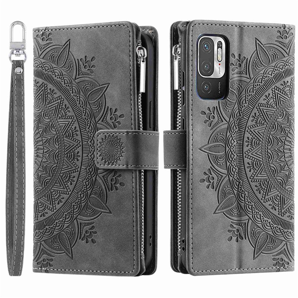 Multiple Card Slots Phone Case for Xiaomi Redmi Note 10 5G/Note 10T 5G/Poco M3 Pro 5G/Poco M3 Pro 4G Mandala Flower Imprinted PU Leather Zipper Pocket Wallet Cover