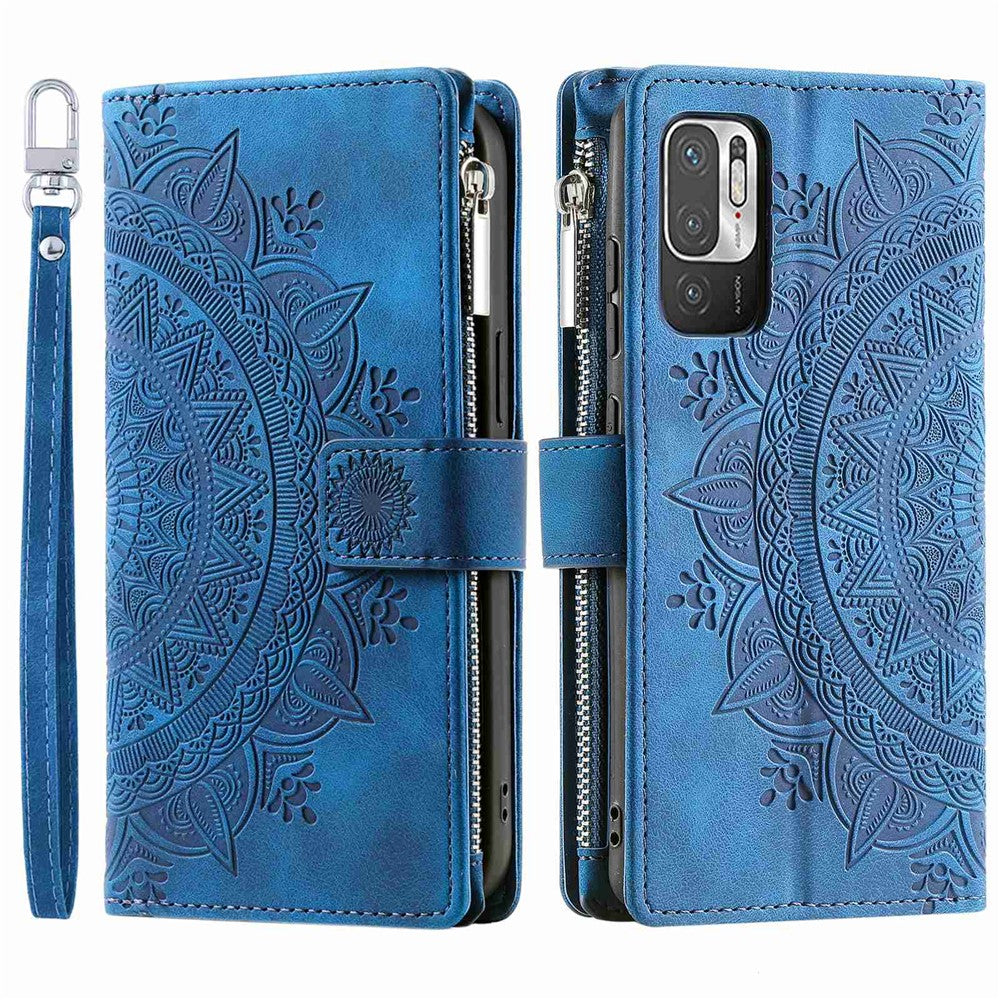 Multiple Card Slots Phone Case for Xiaomi Redmi Note 10 5G/Note 10T 5G/Poco M3 Pro 5G/Poco M3 Pro 4G Mandala Flower Imprinted PU Leather Zipper Pocket Wallet Cover