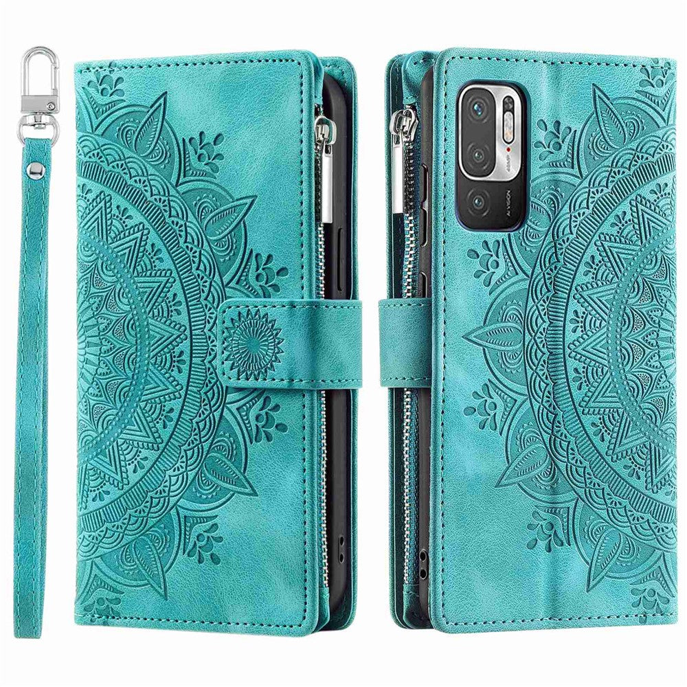 Multiple Card Slots Phone Case for Xiaomi Redmi Note 10 5G/Note 10T 5G/Poco M3 Pro 5G/Poco M3 Pro 4G Mandala Flower Imprinted PU Leather Zipper Pocket Wallet Cover