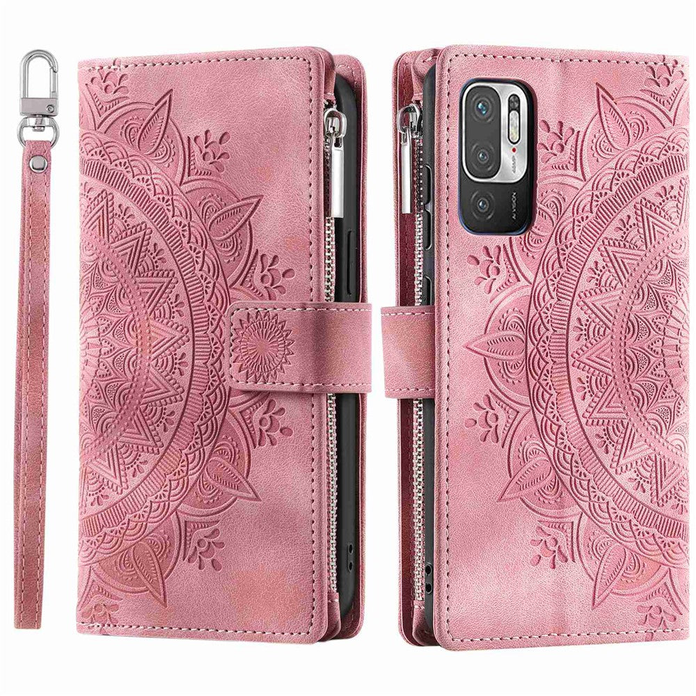 Multiple Card Slots Phone Case for Xiaomi Redmi Note 10 5G/Note 10T 5G/Poco M3 Pro 5G/Poco M3 Pro 4G Mandala Flower Imprinted PU Leather Zipper Pocket Wallet Cover
