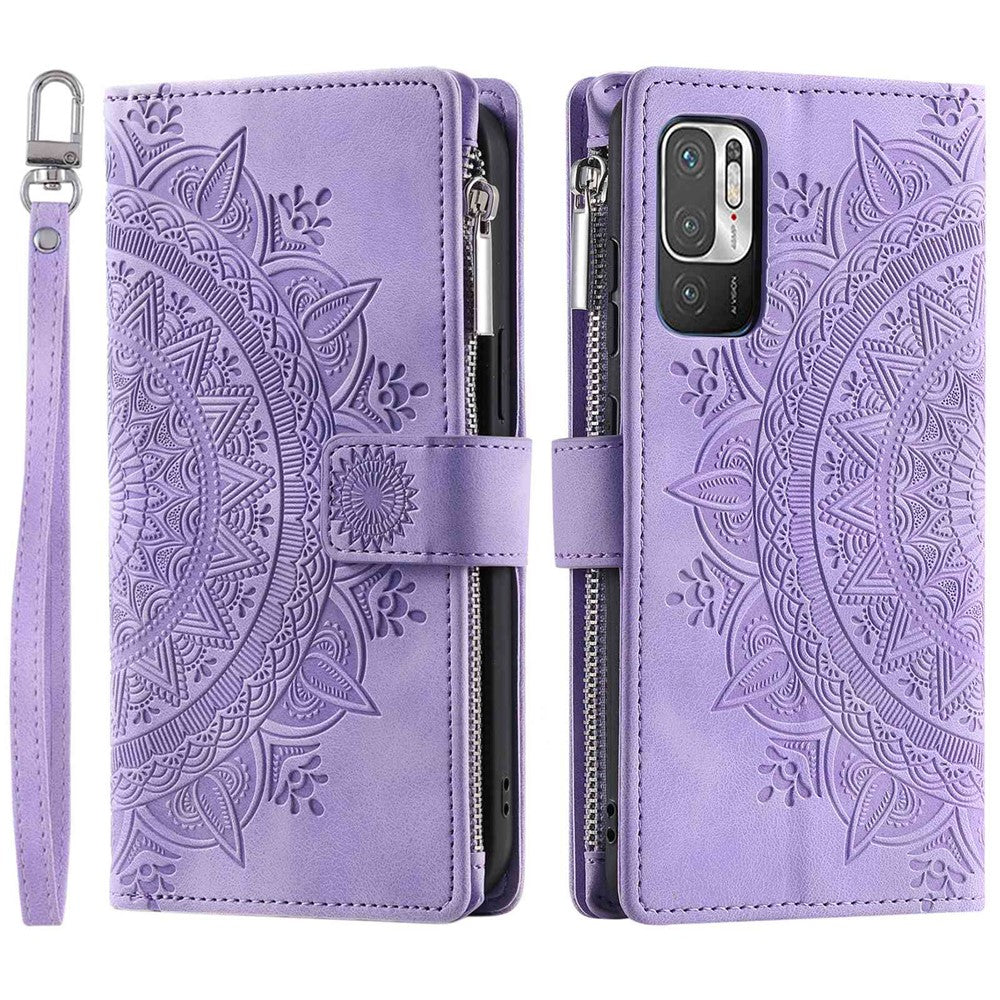 Multiple Card Slots Phone Case for Xiaomi Redmi Note 10 5G/Note 10T 5G/Poco M3 Pro 5G/Poco M3 Pro 4G Mandala Flower Imprinted PU Leather Zipper Pocket Wallet Cover