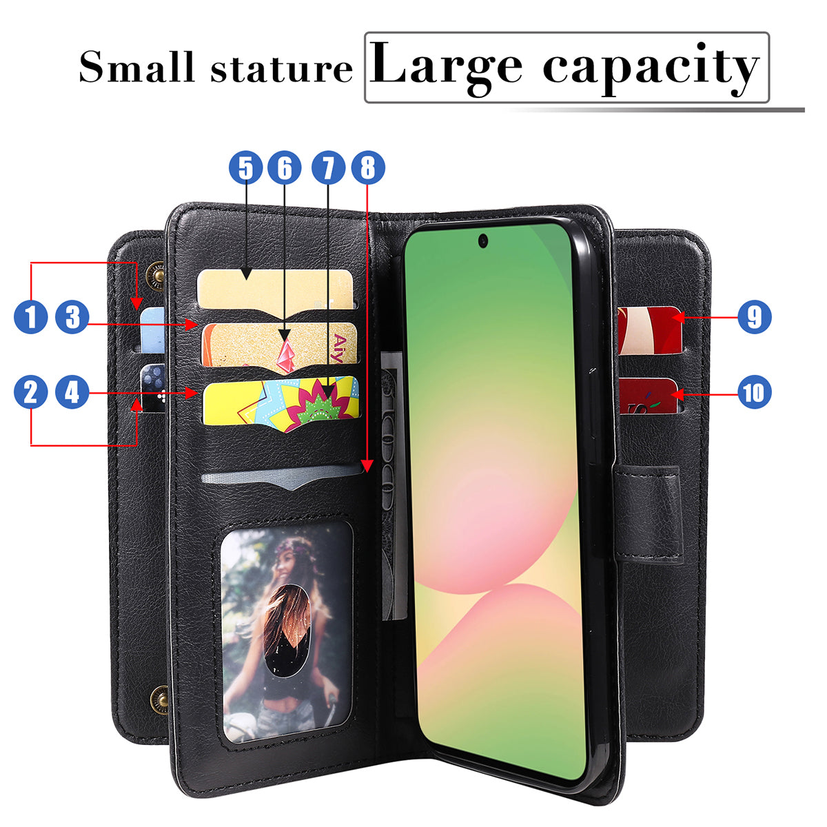 Til Samsung Galaxy A57 5G lædercover med 10 kortholdere og støttefod