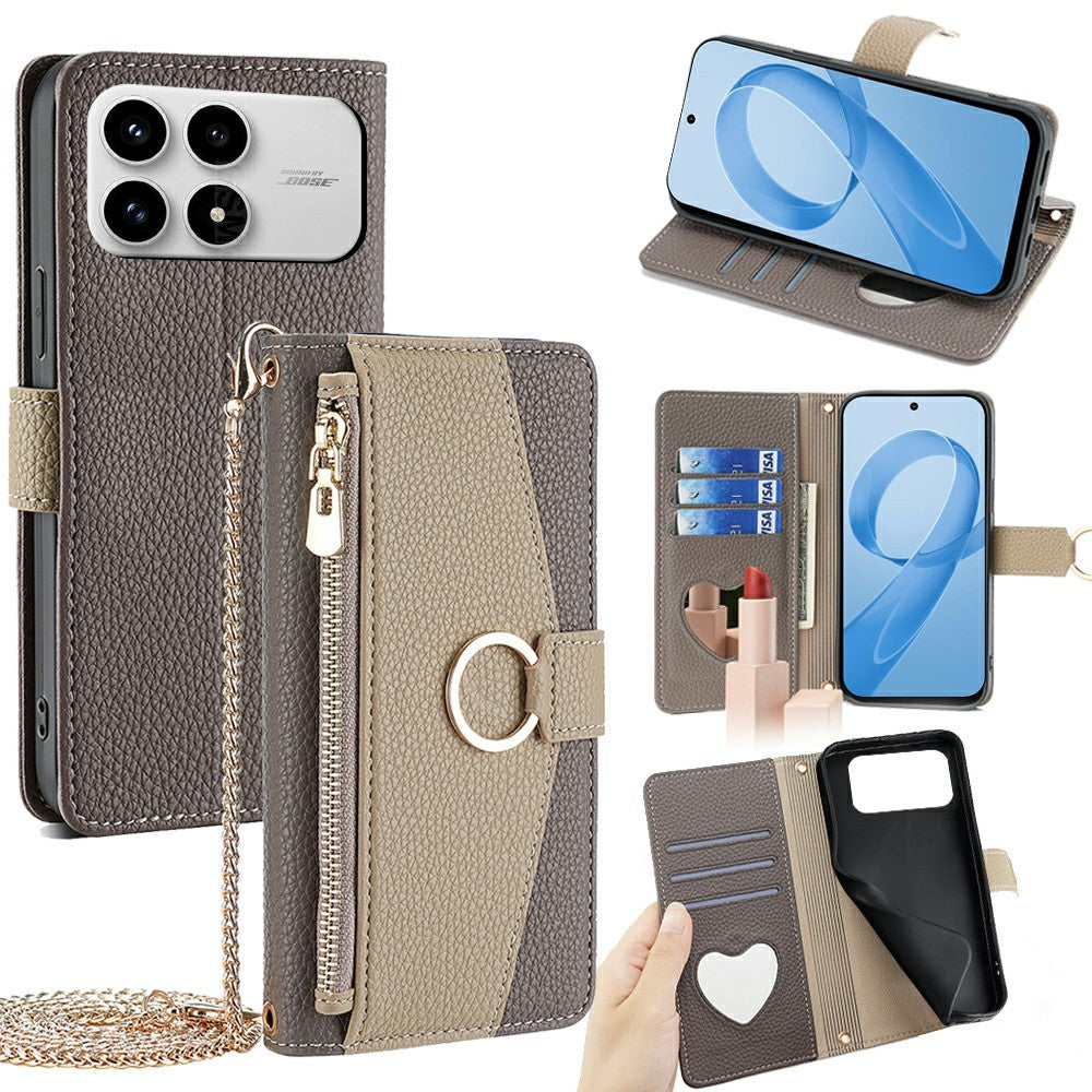 For Xiaomi Poco F8 Pro 5G / Redmi K90 5G Case Mirror Wallet Leather Phone Cover with Chain Shoulder Strap