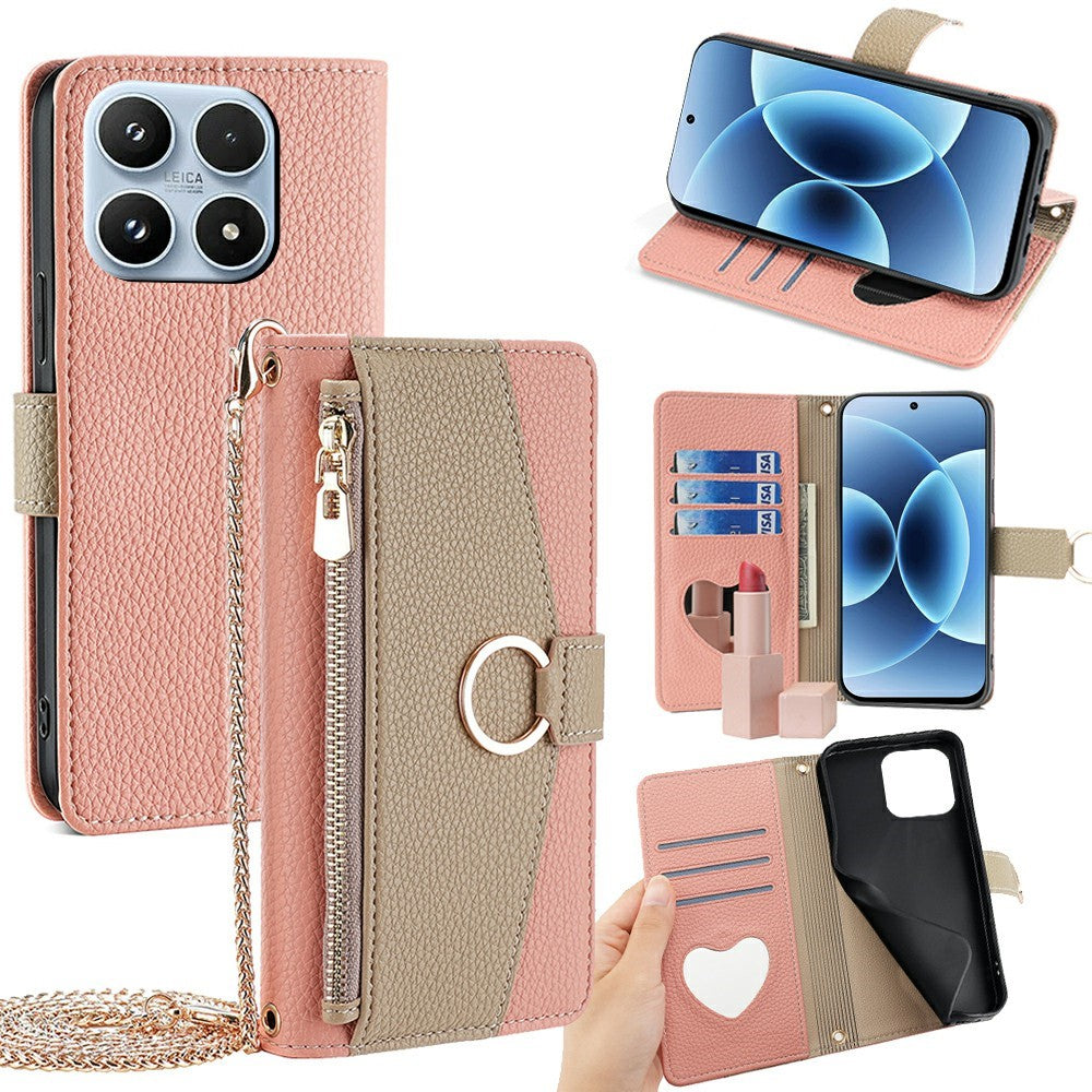 For Xiaomi 17 Case Mirror Wallet Leather Phone Cover with Chain Shoulder Strap