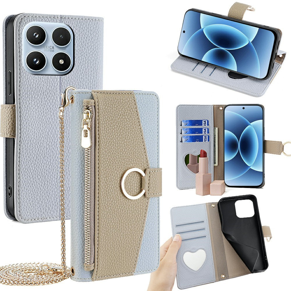 For Xiaomi 17 Case Mirror Wallet Leather Phone Cover with Chain Shoulder Strap