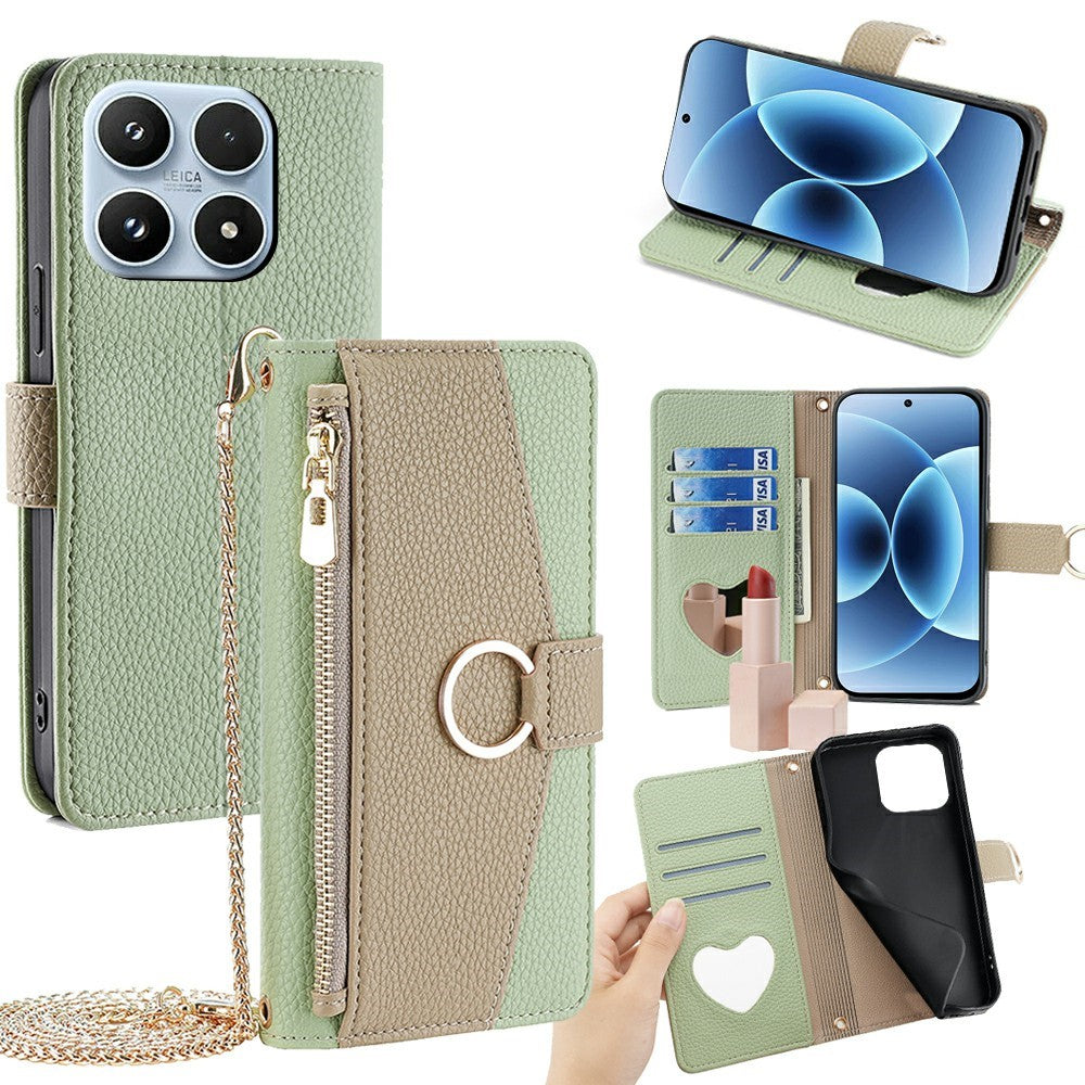 For Xiaomi 17 Case Mirror Wallet Leather Phone Cover with Chain Shoulder Strap