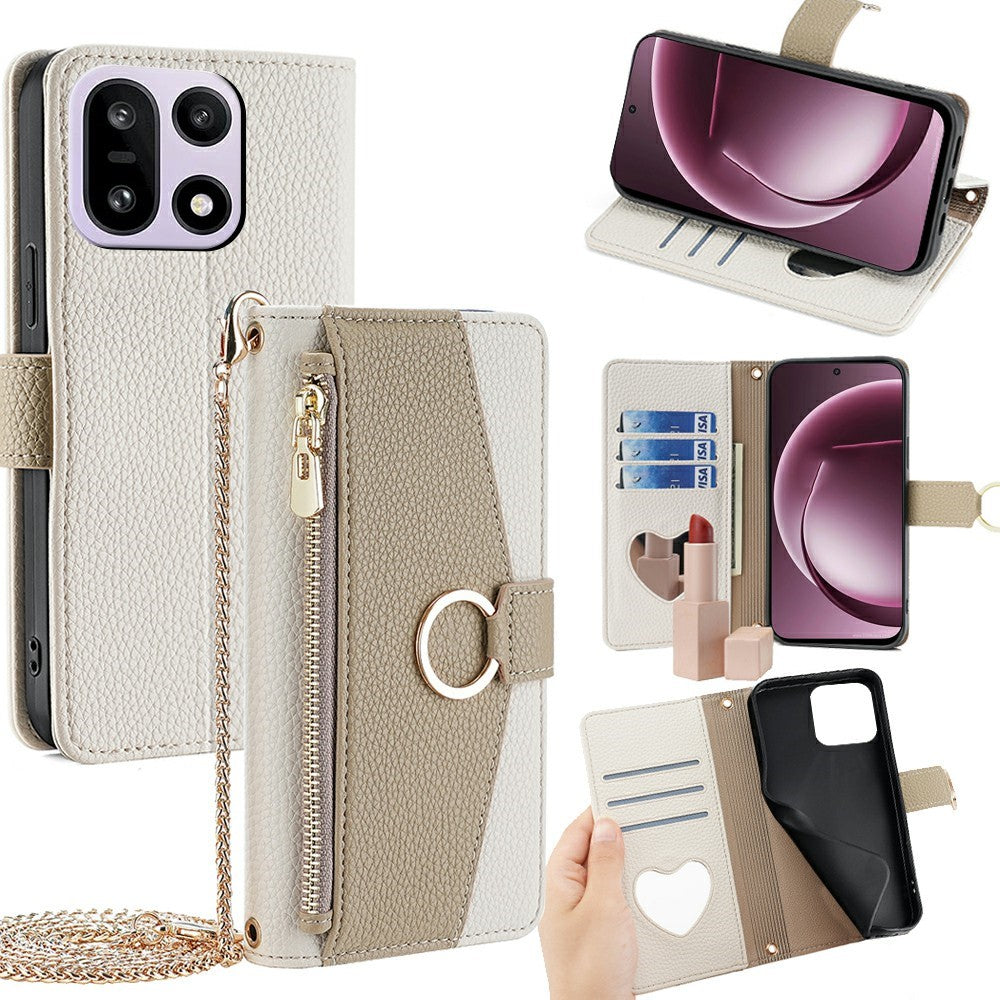 For OnePlus 15 5G Case Mirror Wallet Leather Phone Cover with Chain Shoulder Strap