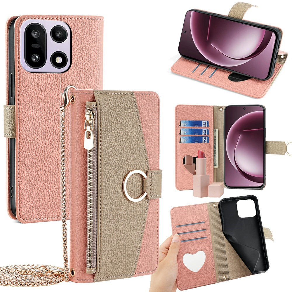 For OnePlus 15 5G Case Mirror Wallet Leather Phone Cover with Chain Shoulder Strap