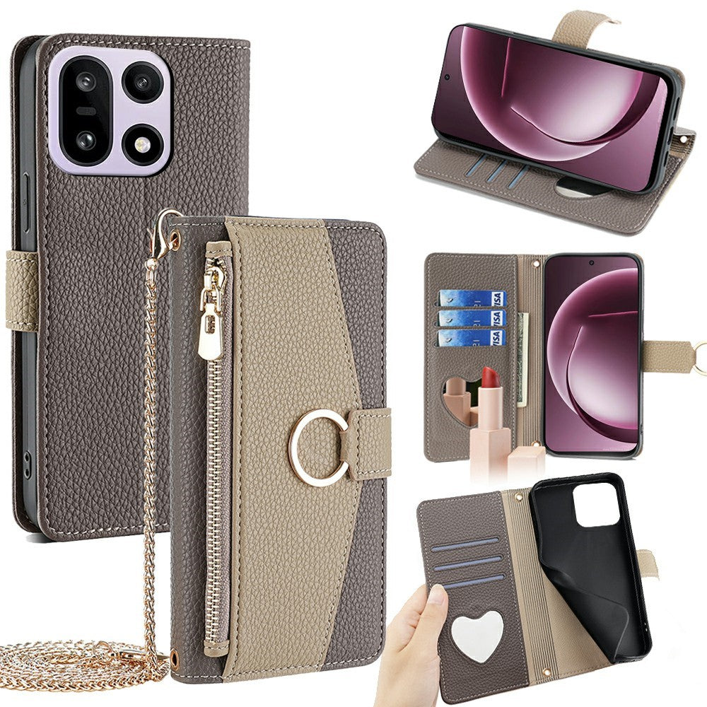 For OnePlus 15 5G Case Mirror Wallet Leather Phone Cover with Chain Shoulder Strap