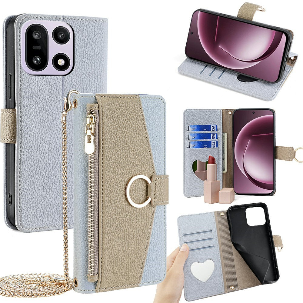 For OnePlus 15 5G Case Mirror Wallet Leather Phone Cover with Chain Shoulder Strap