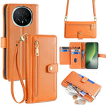 For Honor Magic8 5G Leather Case Zipper Pocket Wallet Phone Cover with 2 Straps