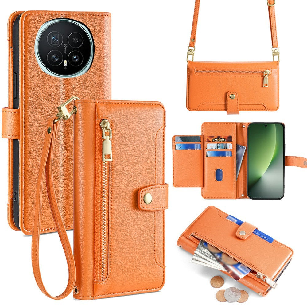 For Honor Magic8 5G Leather Case Zipper Pocket Wallet Phone Cover with 2 Straps