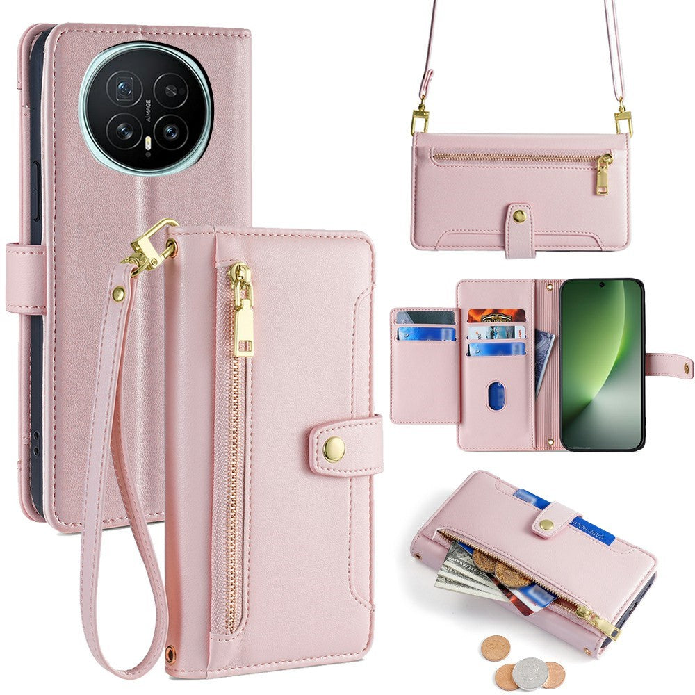 For Honor Magic8 5G Leather Case Zipper Pocket Wallet Phone Cover with 2 Straps