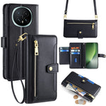 For Honor Magic8 5G Leather Case Zipper Pocket Wallet Phone Cover with 2 Straps