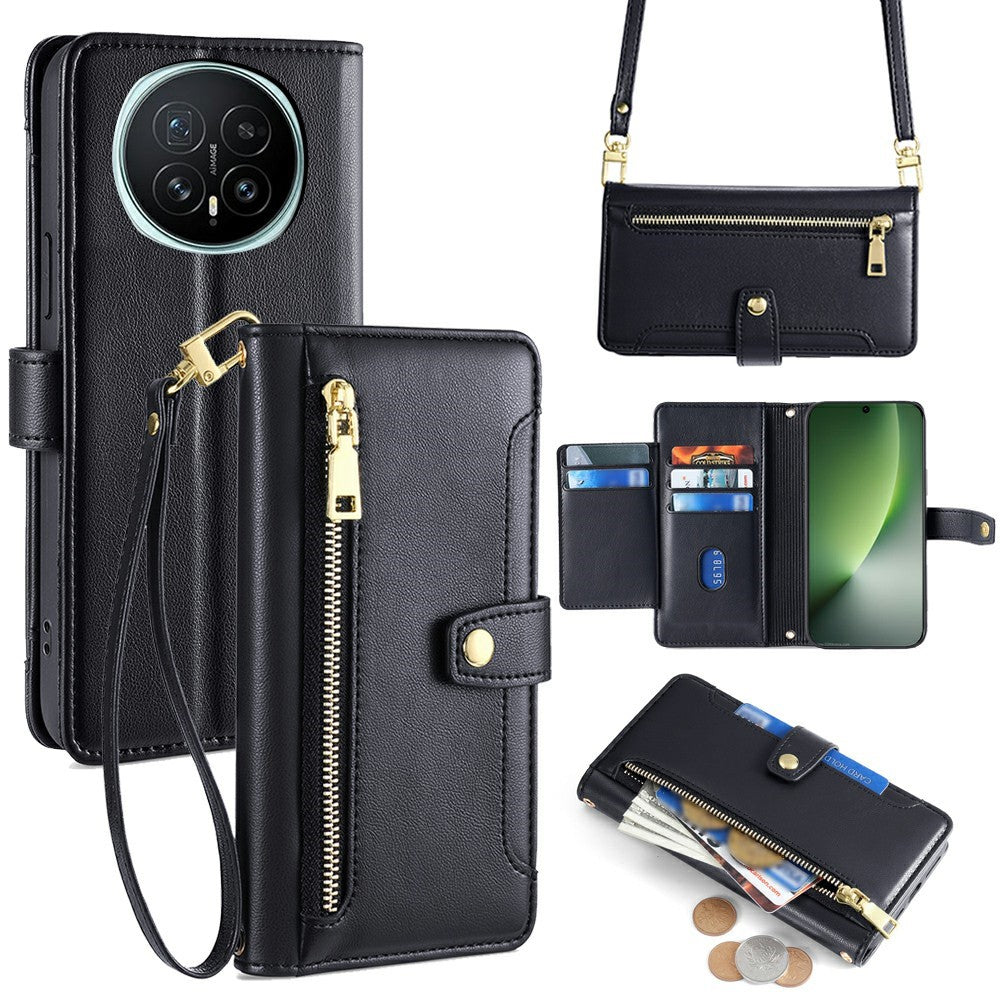 For Honor Magic8 5G Leather Case Zipper Pocket Wallet Phone Cover with 2 Straps