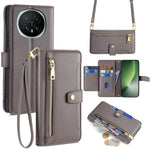 For Honor Magic8 5G Leather Case Zipper Pocket Wallet Phone Cover with 2 Straps