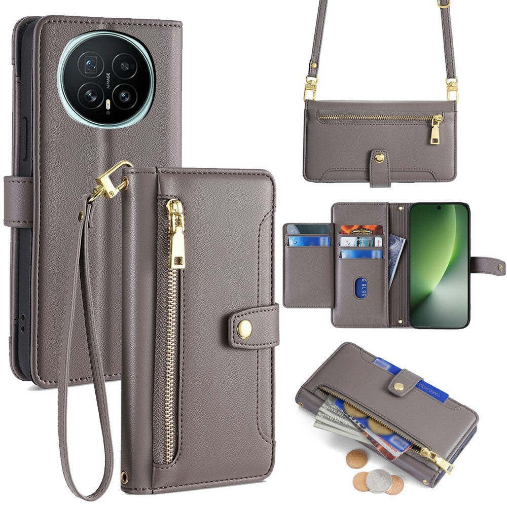For Honor Magic8 5G Leather Case Zipper Pocket Wallet Phone Cover with 2 Straps