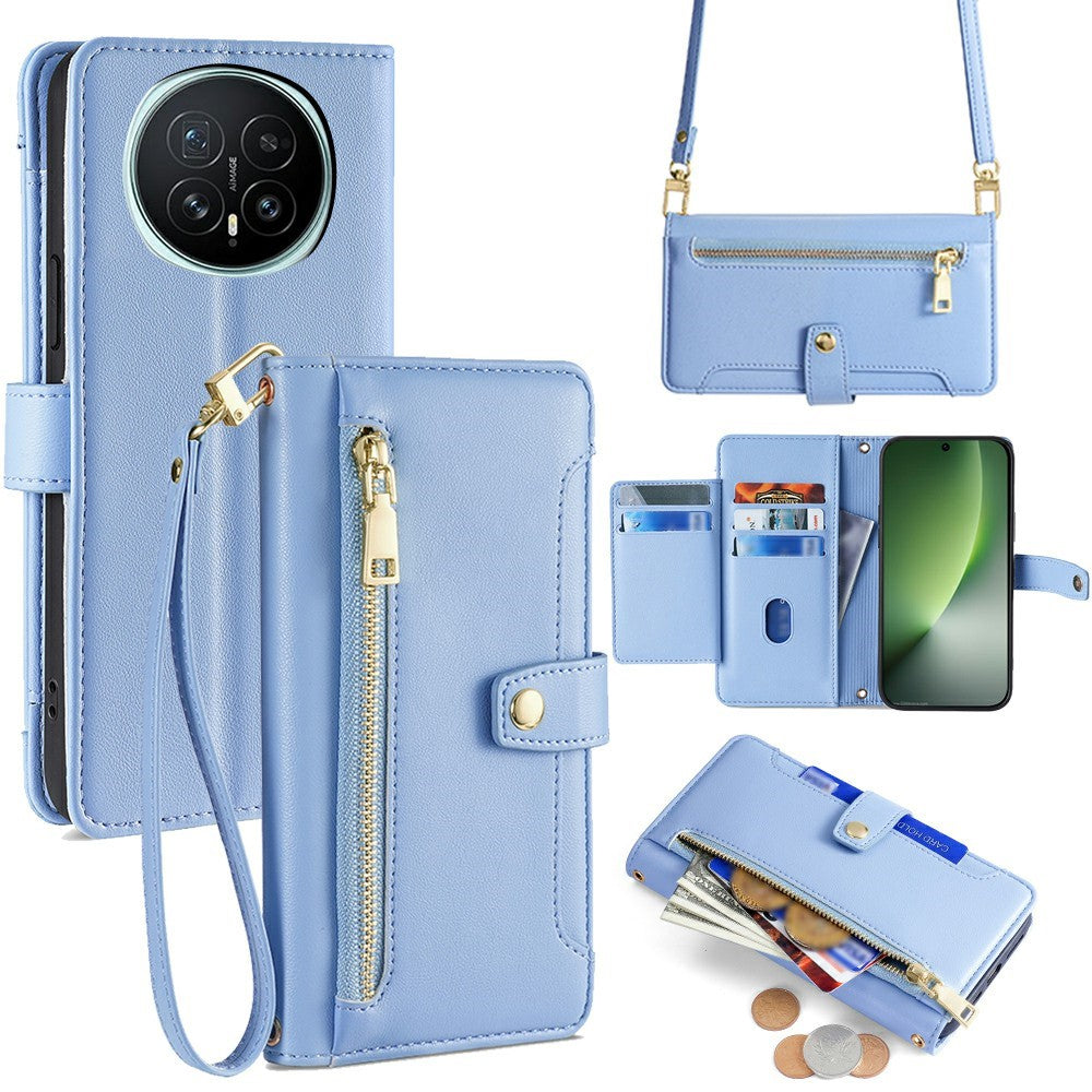 For Honor Magic8 5G Leather Case Zipper Pocket Wallet Phone Cover with 2 Straps