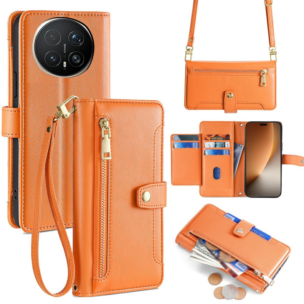 For Honor Magic8 Pro 5G Leather Case Zipper Pocket Wallet Phone Cover with 2 Straps