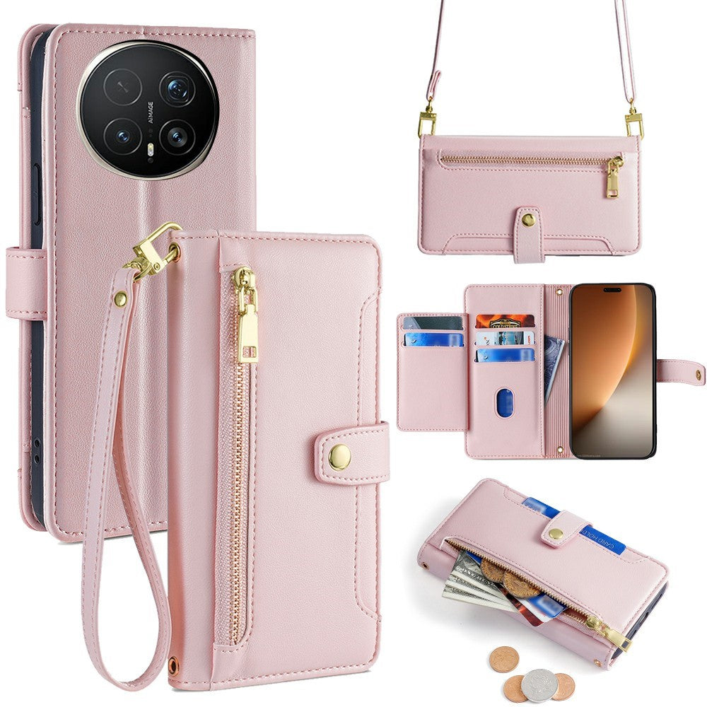 For Honor Magic8 Pro 5G Leather Case Zipper Pocket Wallet Phone Cover with 2 Straps