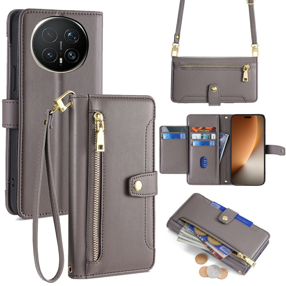 For Honor Magic8 Pro 5G Leather Case Zipper Pocket Wallet Phone Cover with 2 Straps