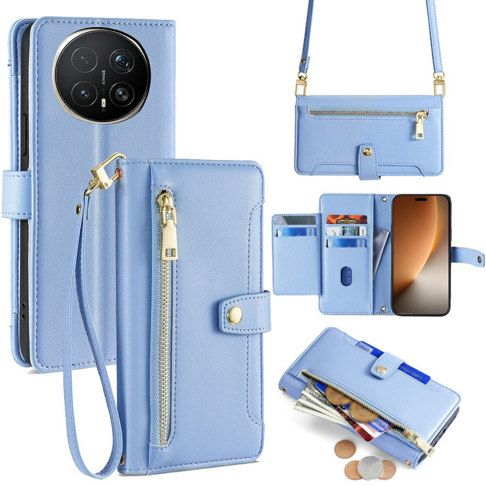 For Honor Magic8 Pro 5G Leather Case Zipper Pocket Wallet Phone Cover with 2 Straps