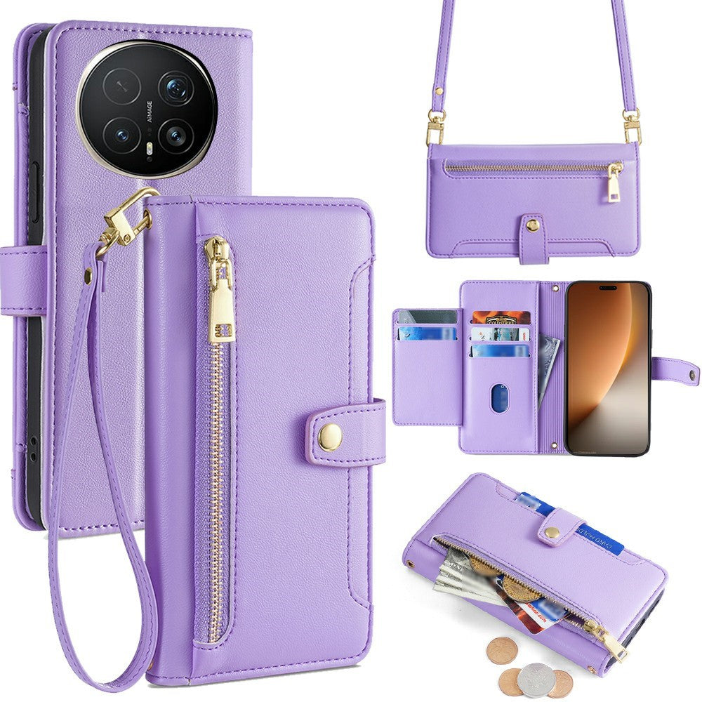 For Honor Magic8 Pro 5G Leather Case Zipper Pocket Wallet Phone Cover with 2 Straps
