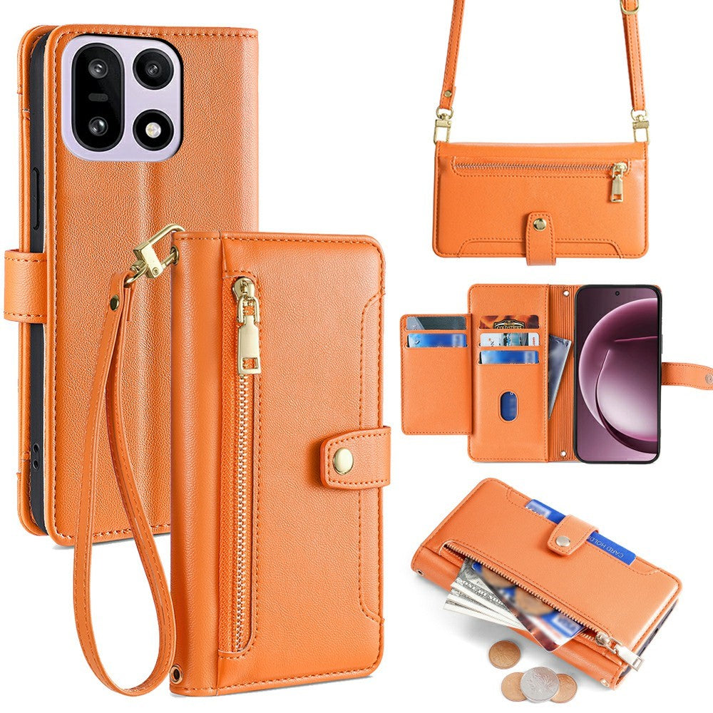 For OnePlus 15 5G Leather Case Zipper Pocket Wallet Phone Cover with 2 Straps
